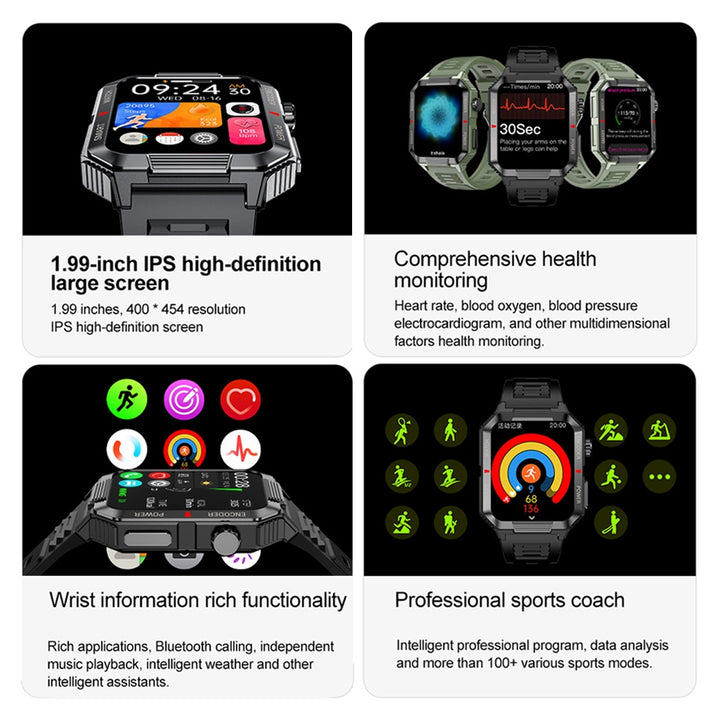 Montre connectée de fitness GPS premium avec écran HD de 1,99 pouce, fréquence cardiaque, pression artérielle, ECG, surveillance de l'oxygène dans le sang – Appels Bluetooth, NFC, plus de 100 modes d'exercice, étanche