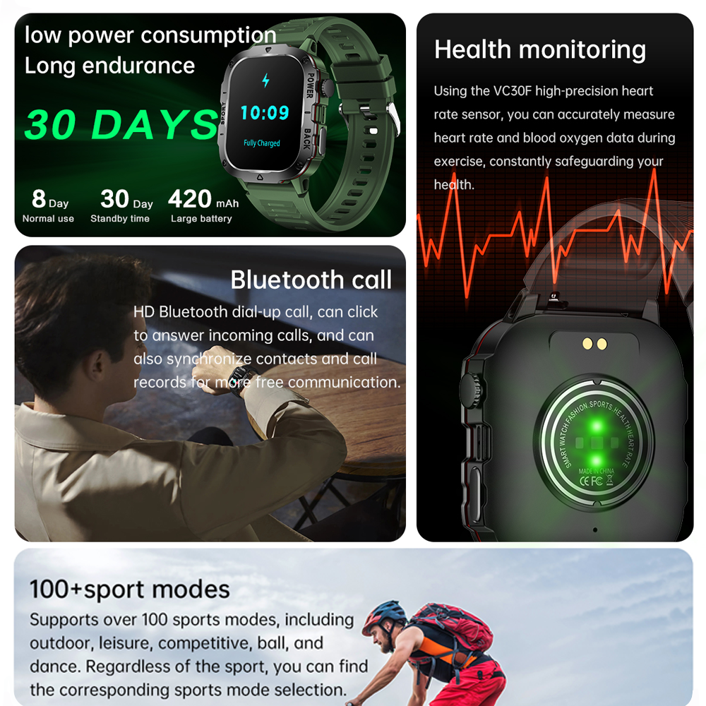 Montre connectée de fitness GPS premium avec écran HD de 1,99 pouce, fréquence cardiaque, pression artérielle, ECG, surveillance de l'oxygène dans le sang – Appels Bluetooth, NFC, plus de 100 modes d'exercice, étanche