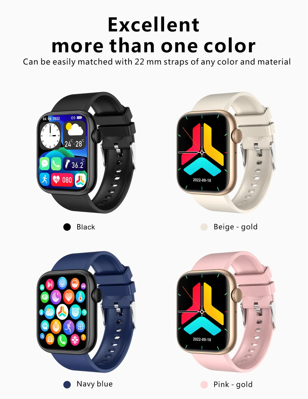 Montre intelligente premium - Chargement sans fil, appels Bluetooth, suivi de la condition physique, cadrans de montre personnalisés, surveillance de la fréquence cardiaque, suivi du sommeil, étanche, hommes et femmes