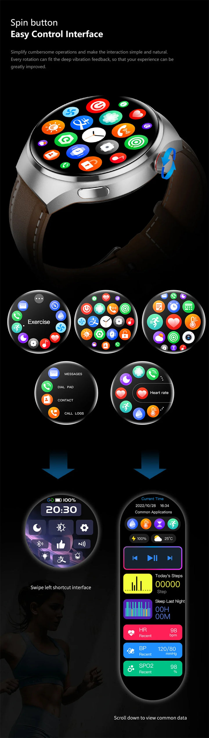 Montre intelligente GPS premium pour hommes et femmes | Écran AMOLED 360°, NFC, appel Bluetooth, étanchéité IP68, moniteur de fréquence cardiaque, tracker de fitness, surveillance du sommeil, modes multi-sports
