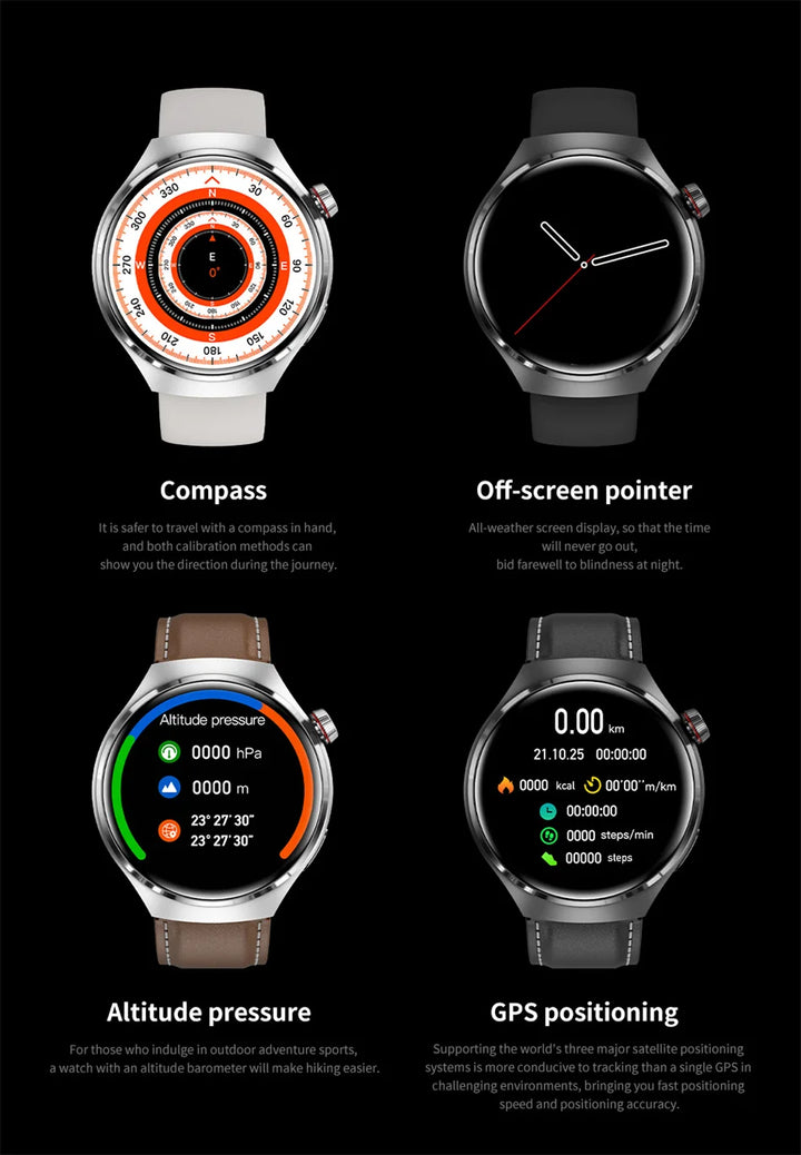 Montre intelligente GPS premium pour hommes et femmes | Écran AMOLED 360°, NFC, appel Bluetooth, étanchéité IP68, moniteur de fréquence cardiaque, tracker de fitness, surveillance du sommeil, modes multi-sports
