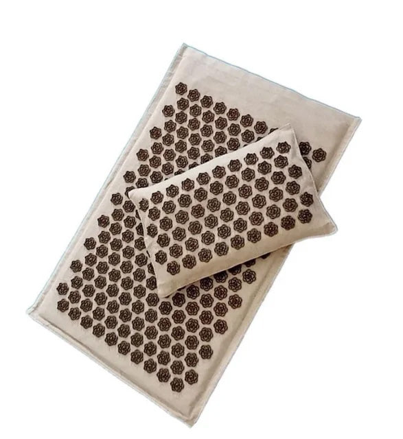 Tapis de yoga d'acupression en palmier de coco premium – 74x44cm coussin en lin naturel et oreiller pour la relaxation – Léger, portable, avec sac en toile – Disponible en bleu clair, violet, vert, violet foncé