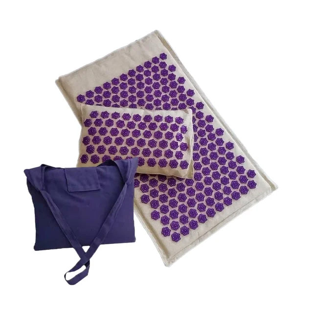 Tapis de yoga d'acupression en palmier de coco premium – 74x44cm coussin en lin naturel et oreiller pour la relaxation – Léger, portable, avec sac en toile – Disponible en bleu clair, violet, vert, violet foncé