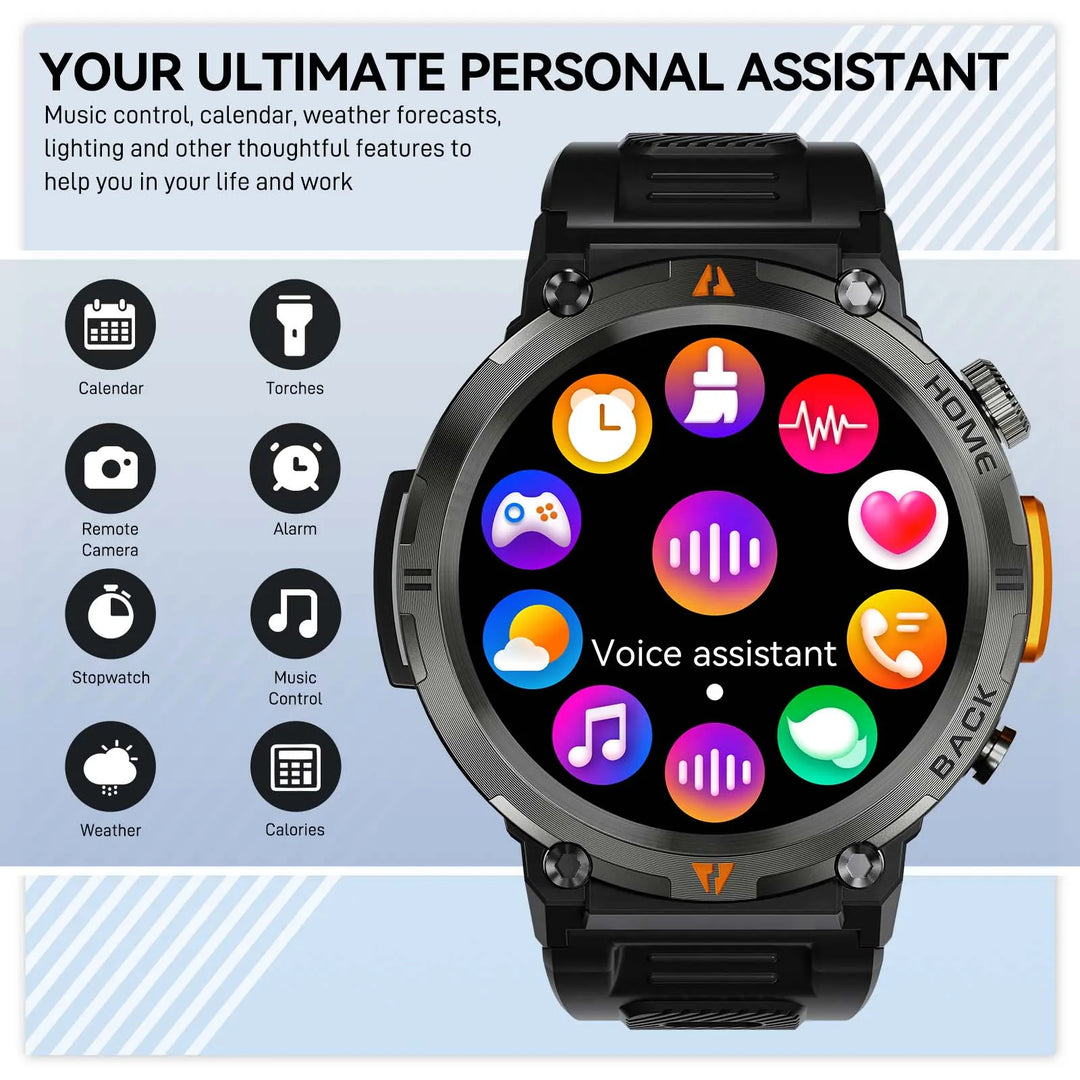 Montre intelligente premium pour hommes, appel Bluetooth, écran tactile complet, moniteur de santé, étanchéité IP68, traqueur de fitness, lampe de poche, cadrans personnalisés, compatible iOS et Android