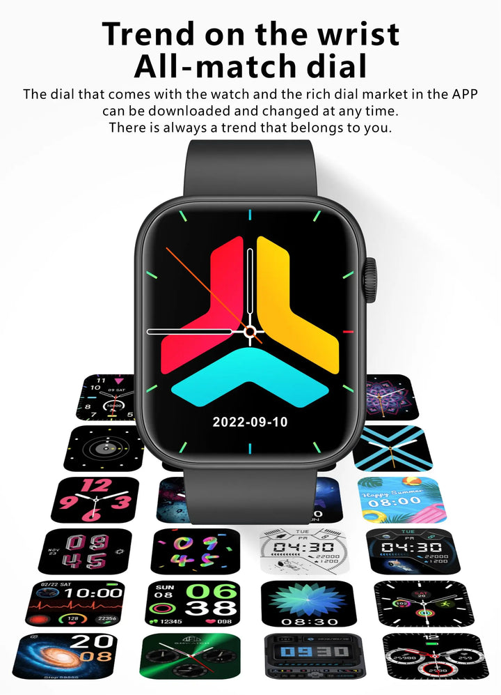 Montre intelligente premium - Chargement sans fil, appels Bluetooth, suivi de la condition physique, cadrans de montre personnalisés, surveillance de la fréquence cardiaque, suivi du sommeil, étanche, hommes et femmes