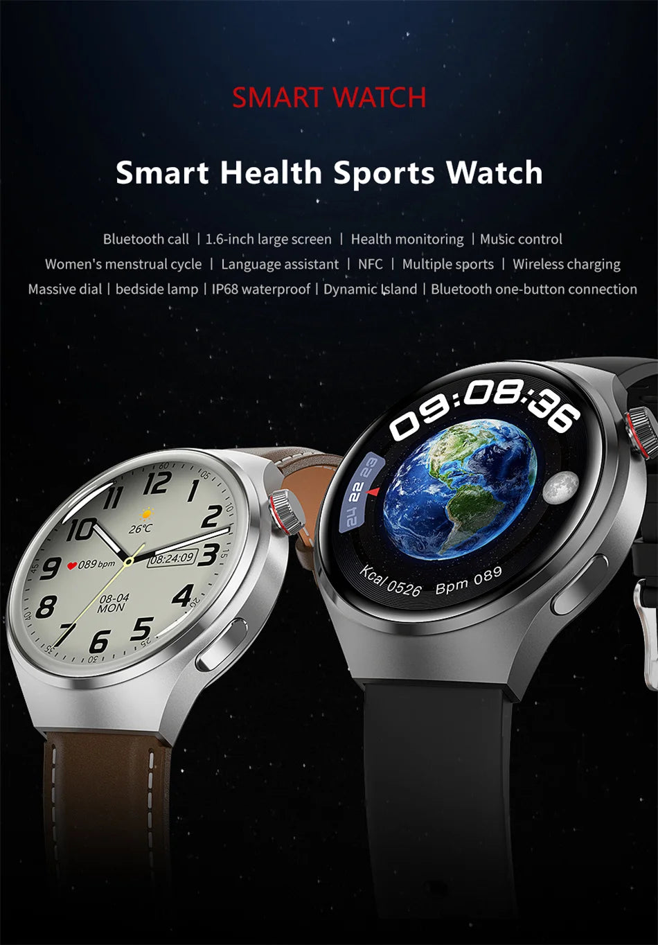 Montre intelligente GPS premium pour hommes et femmes | Écran AMOLED 360°, NFC, appel Bluetooth, étanchéité IP68, moniteur de fréquence cardiaque, tracker de fitness, surveillance du sommeil, modes multi-sports
