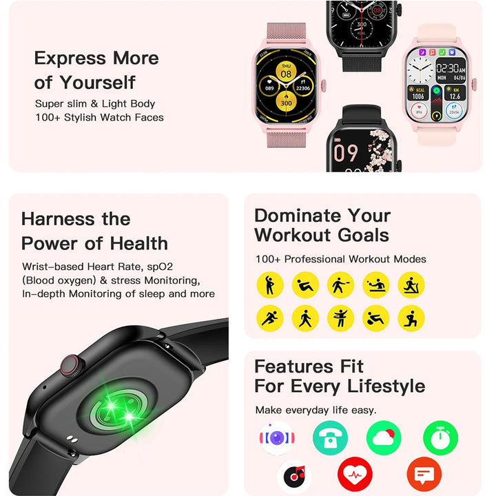 Montre Connectée de Luxe Android OS - 1.44" Écran Tactile Complet, Appels Bluetooth, Contrôle de Musique, Suivi de Fitness pour Hommes et Femmes, Moniteur de Santé