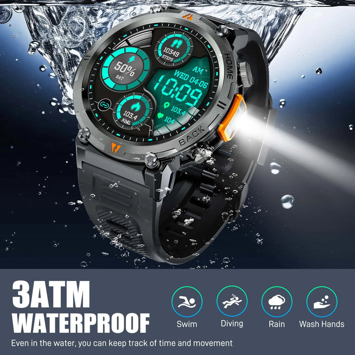 Montre intelligente premium pour hommes, appel Bluetooth, écran tactile complet, moniteur de santé, étanchéité IP68, traqueur de fitness, lampe de poche, cadrans personnalisés, compatible iOS et Android