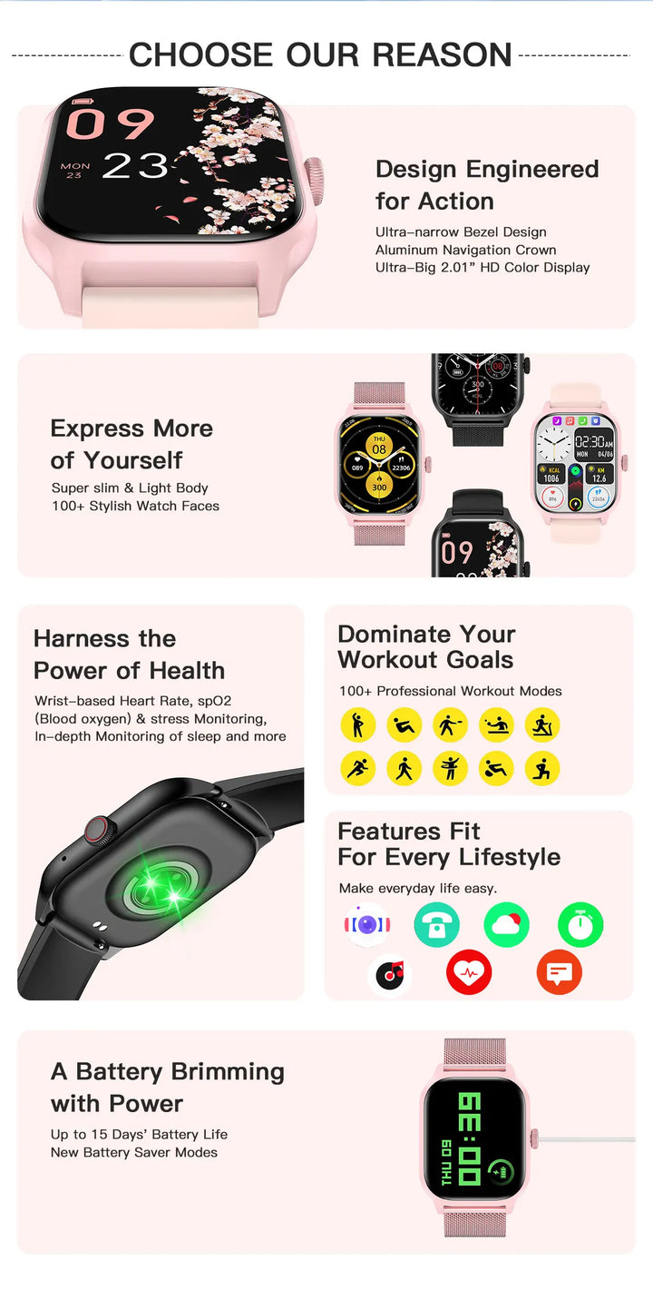 Montre Connectée de Luxe Android OS - 1.44" Écran Tactile Complet, Appels Bluetooth, Contrôle de Musique, Suivi de Fitness pour Hommes et Femmes, Moniteur de Santé
