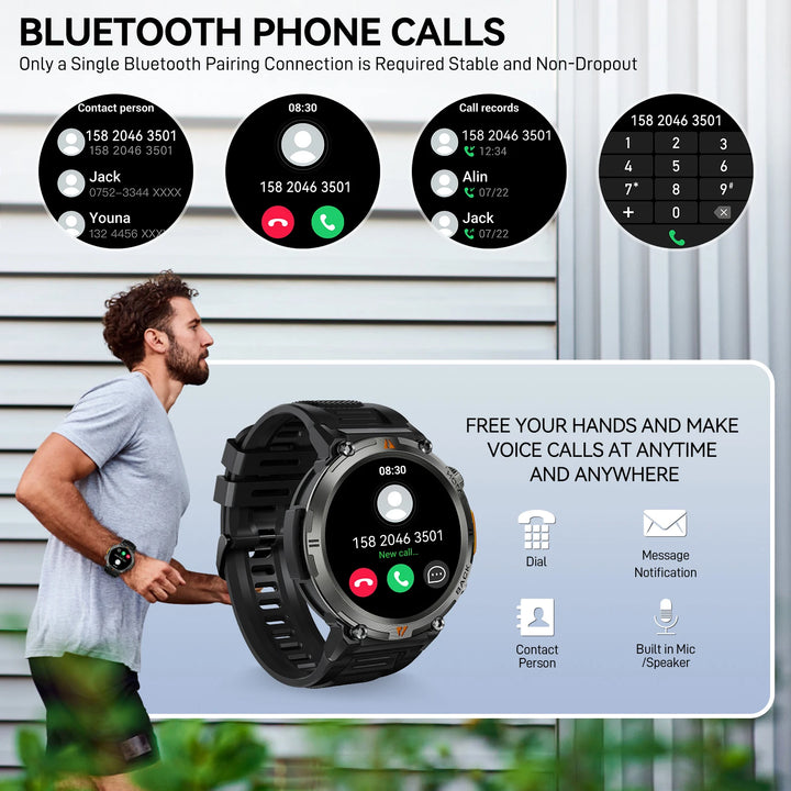 Montre intelligente premium pour hommes, appel Bluetooth, écran tactile complet, moniteur de santé, étanchéité IP68, traqueur de fitness, lampe de poche, cadrans personnalisés, compatible iOS et Android