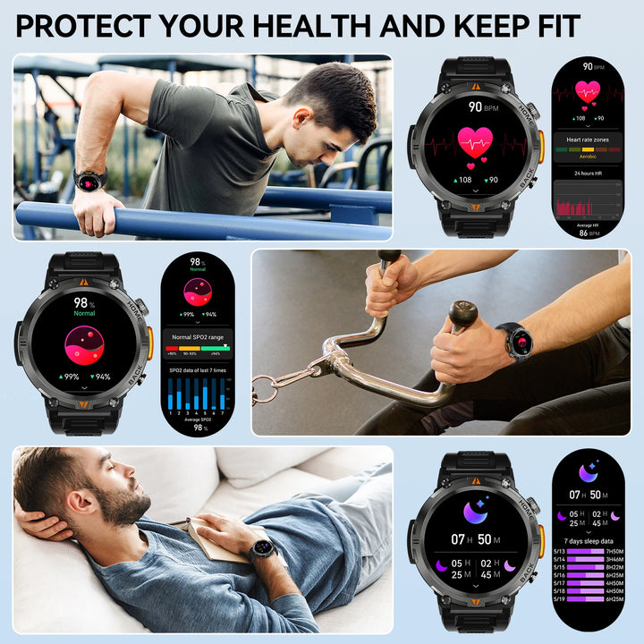 Montre intelligente premium pour hommes, appel Bluetooth, écran tactile complet, moniteur de santé, étanchéité IP68, traqueur de fitness, lampe de poche, cadrans personnalisés, compatible iOS et Android