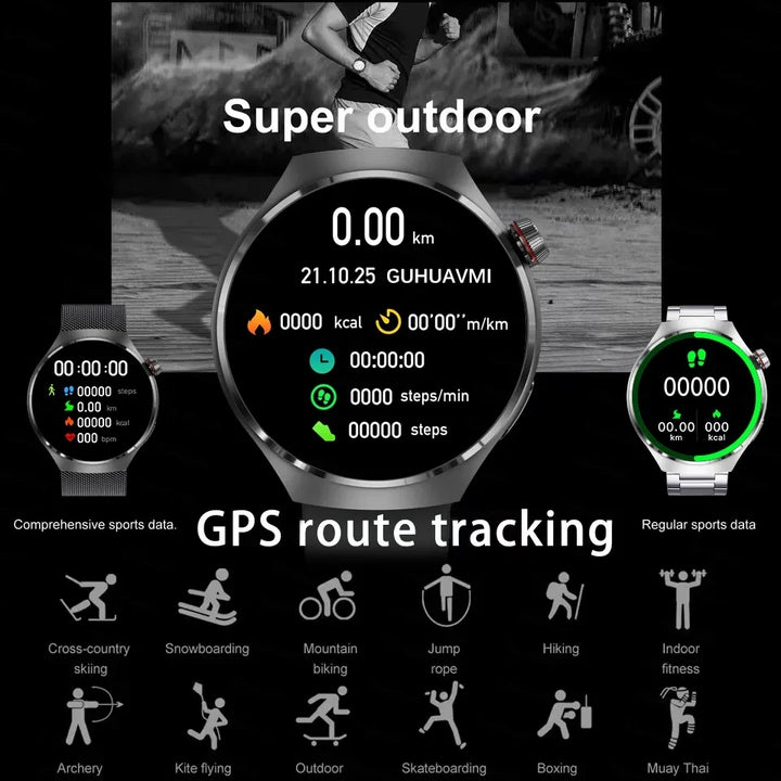 Montre intelligente GPS premium pour hommes et femmes | Écran AMOLED 360°, NFC, appel Bluetooth, étanchéité IP68, moniteur de fréquence cardiaque, tracker de fitness, surveillance du sommeil, modes multi-sports