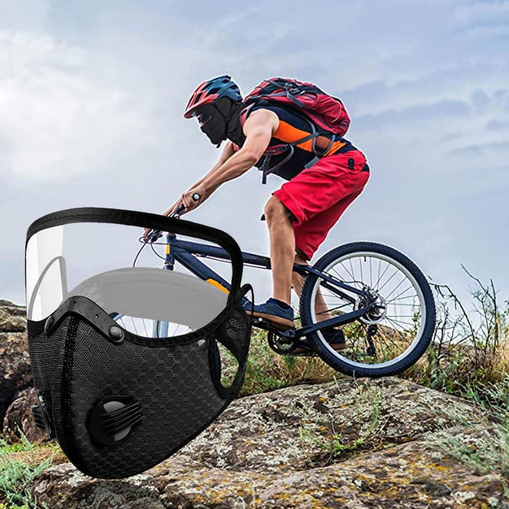 Premium Cycling Face Mask with Goggles – Dustproof Protective Mask with Replaceable Carbon Filter, Breathable Mesh, 
