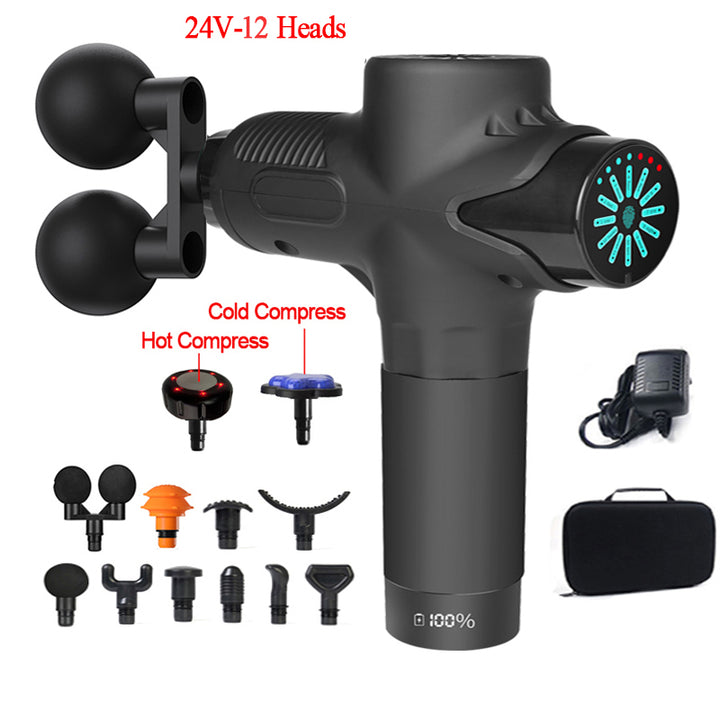 Pistolet de massage profond premium 24V avec compresse chaude et froide, 12 têtes, relaxation musculaire haute fréquence pour le cou, les épaules et la récupération du corps entier