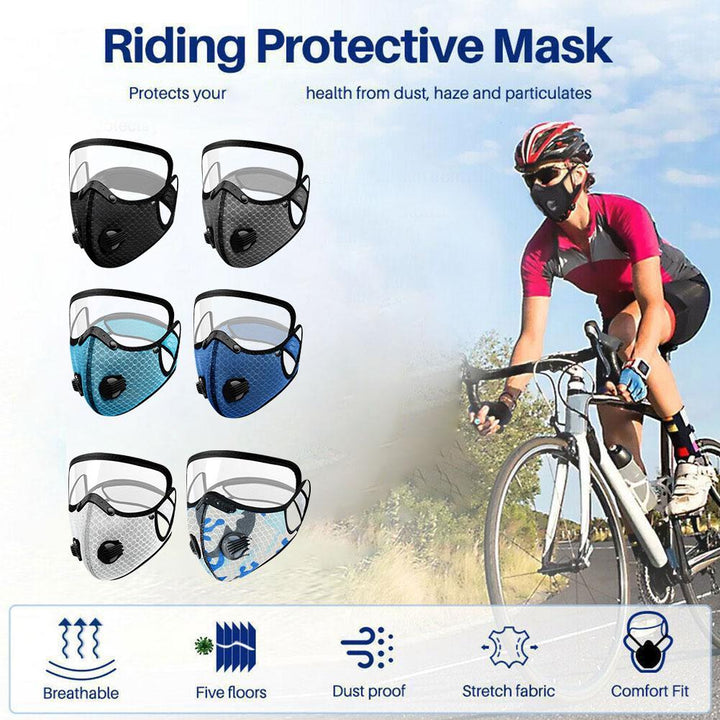 Premium Cycling Face Mask with Goggles – Dustproof Protective Mask with Replaceable Carbon Filter, Breathable Mesh, 