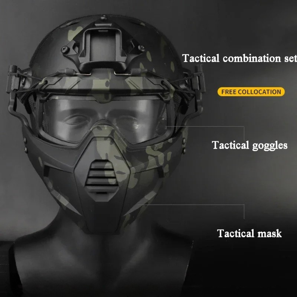 Casque tactique FAST premium avec masque demi-visage et lunettes flip – Masque de chasse, airsoft, paintball, accessoires de casque pour tir et équipement tactique